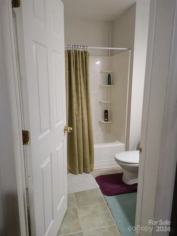 a bathroom with a shower and a toilet
