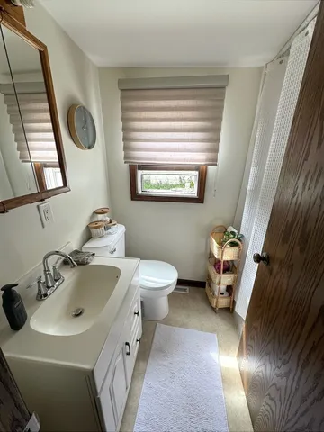 a bathroom with a sink a toilet and mirror
