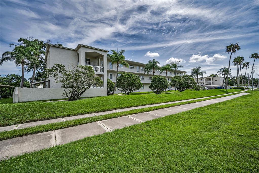 a front view of house with yard and green space