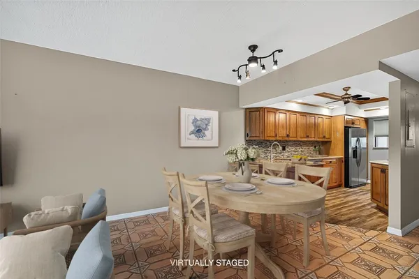 a view of a dining room with furniture