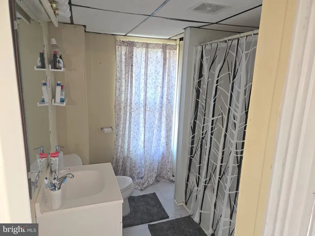 a bathroom with a sink and a shower curtain