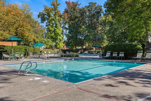 a view of swimming pool with outdoor seating and plants