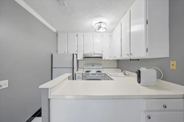 a kitchen with a sink a stove and cabinets
