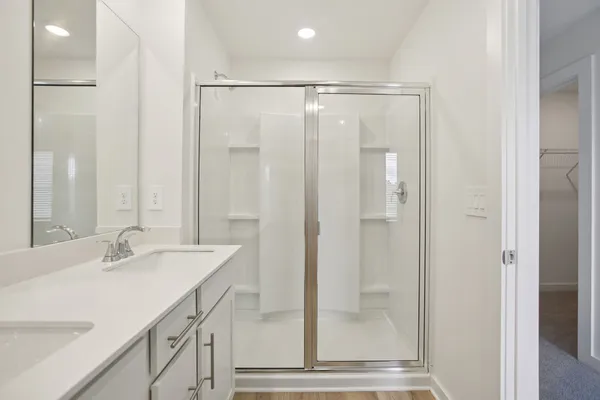 a bathroom with a shower sink vanity and mirror