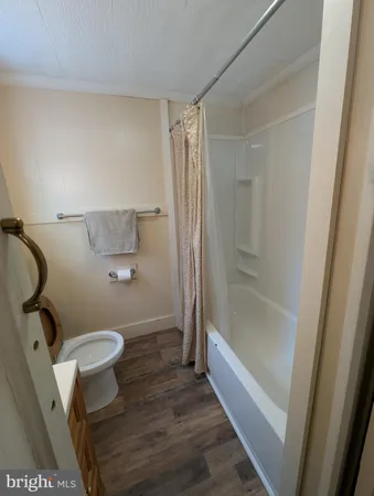 a bathroom with a shower and a toilet