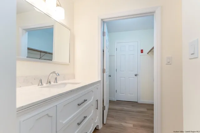 a bathroom with a sink and a mirror