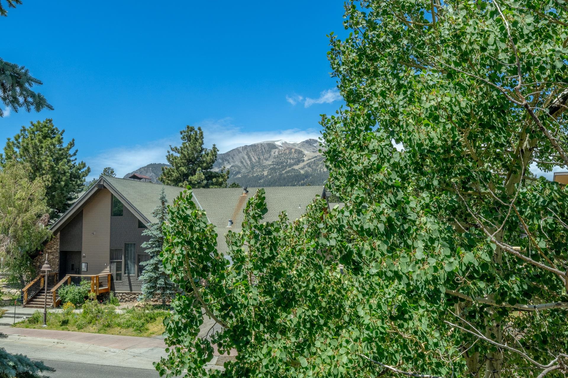 165 Old Mammoth Road, Unit 3 Mammoth Lakes, CA 93546 - Photo 38 of 48 Gable roofline property featuring a stone facade accent, wood-finish exterior stairs, and a surrounding of mature deciduous and evergreen trees