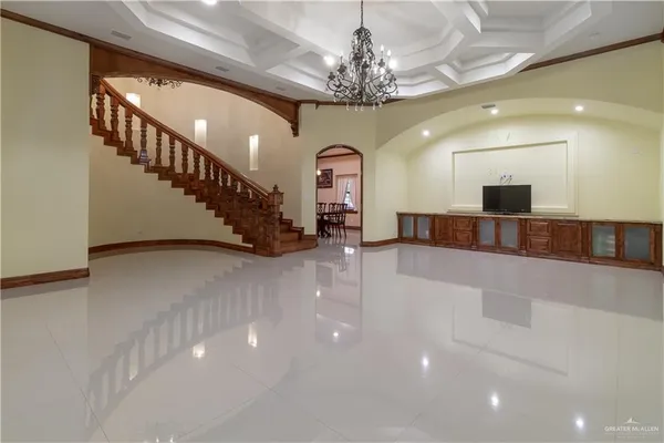 a view of a lobby with a chandelier