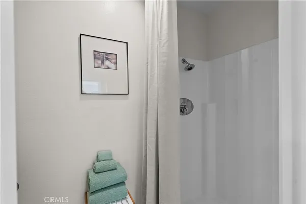 a bathroom with a shower and a toilet