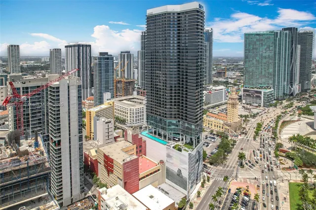 a city view with tall buildings