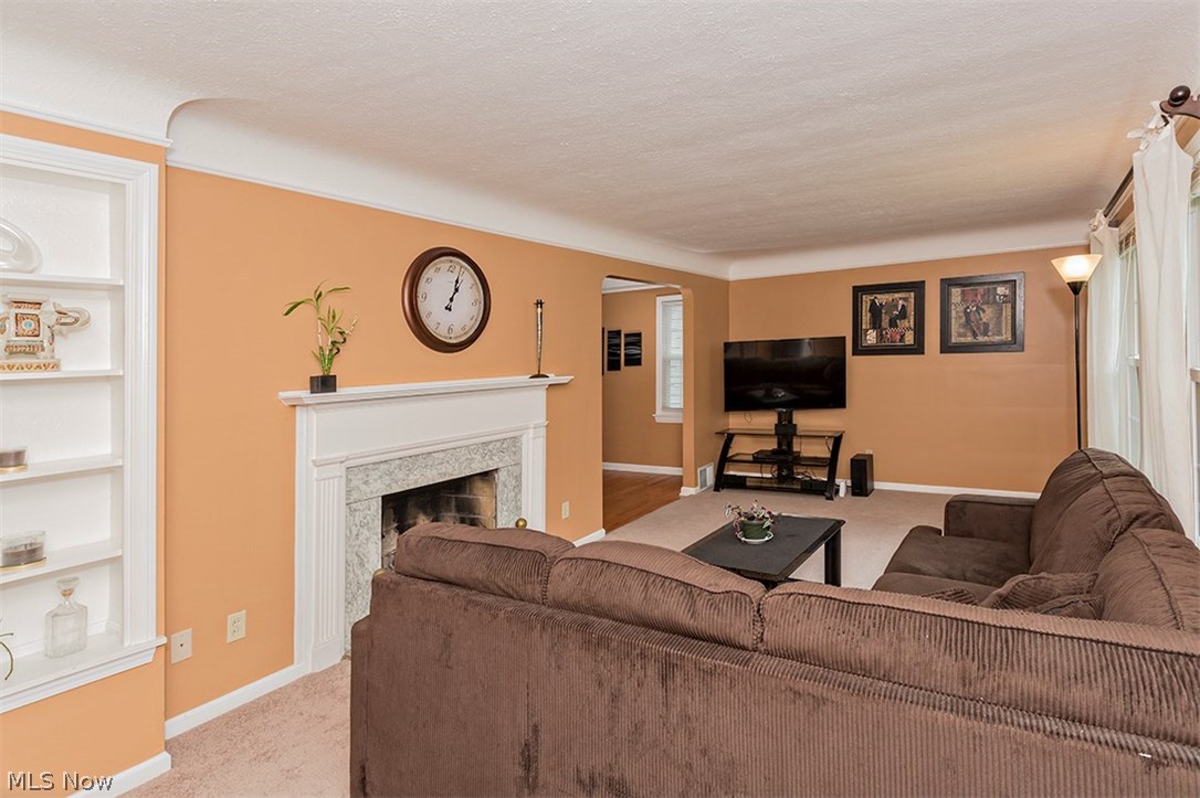 1160 Haselton Road Cleveland, OH 44121 - Photo 4 of 33 The spacious Living Room with "coved" ceiling, handsome fireplace w/marble, built-in shelves...