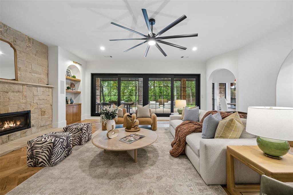 The inviting living space blends modern comfort with timeless character