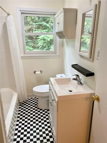 a bathroom with a sink toilet and window