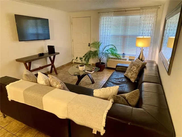 a living room with furniture and a potted plant