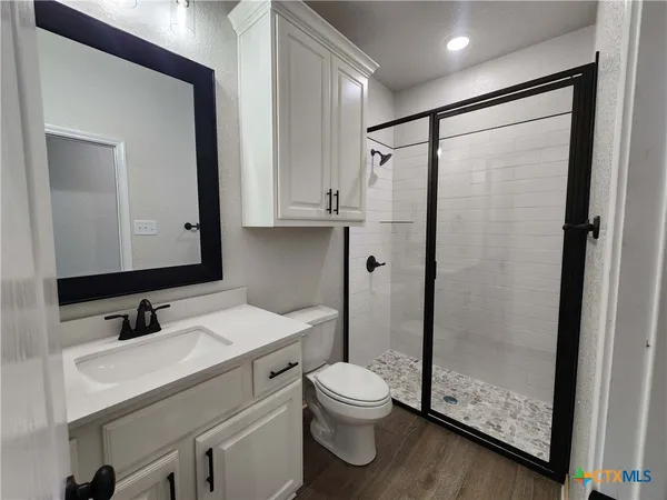 a bathroom with a sink toilet and shower