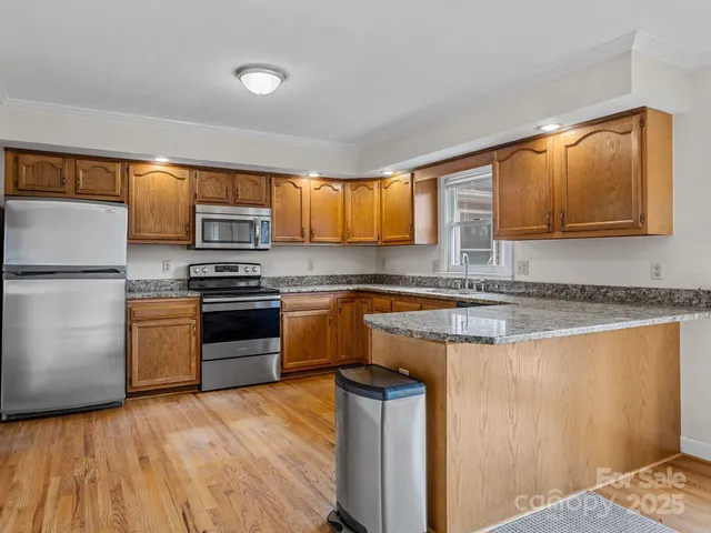 a kitchen with stainless steel appliances granite countertop a stove a sink dishwasher a refrigerator and a microwave oven