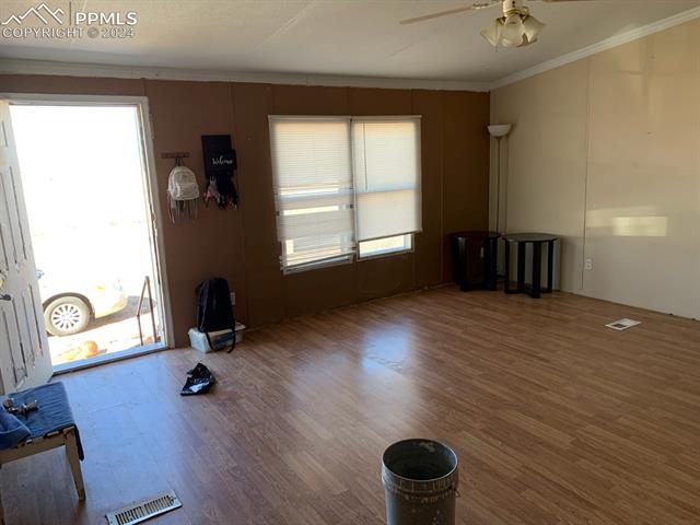 17610 Hanover Road Colorado Springs, CO 80928 - Photo 12 of 16 Unfurnished living room with a wealth of natural light, ceiling fan, and dark hardwood / wood-style floors