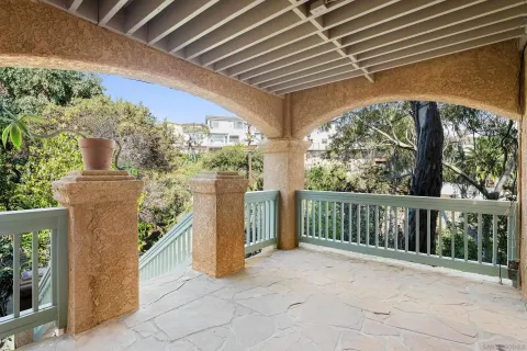 a view of a building from a balcony