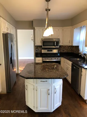 a kitchen with stainless steel appliances granite countertop a stove a refrigerator and a sink