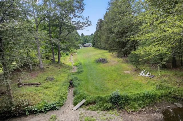 a view of a big yard with large trees