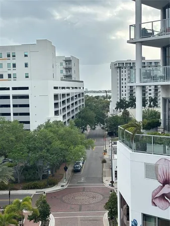 a city view with tall buildings