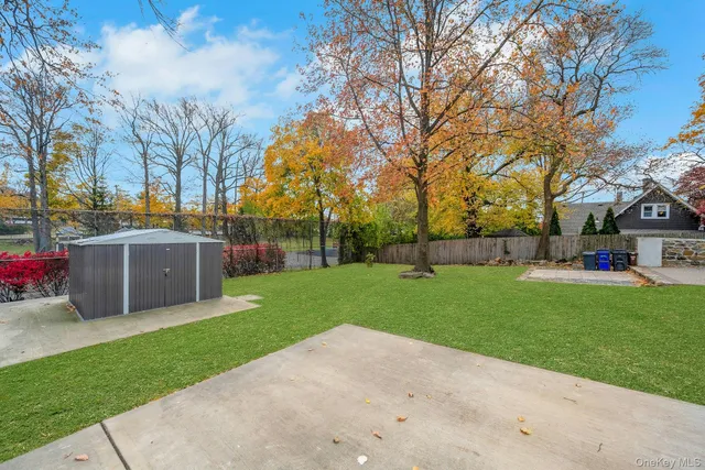 a view of a park with large trees