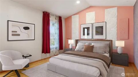 a bedroom with a bed and a lamp next to a window