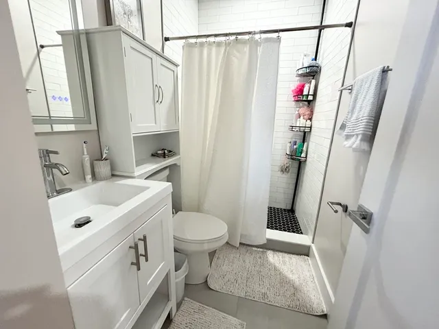 a bathroom with a sink a toilet and a shower