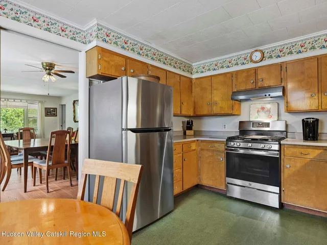 a view of a dining room with furniture