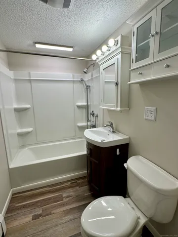 a bathroom with a sink a toilet and shower