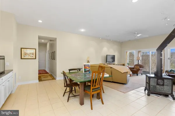 a view of a dining room with furniture