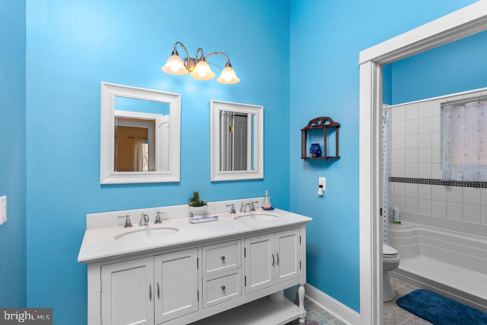 9586 Brunk Spring Lane Broadway, VA 22815 - Photo 40 of 57 a bathroom with a double vanity sink and a mirror