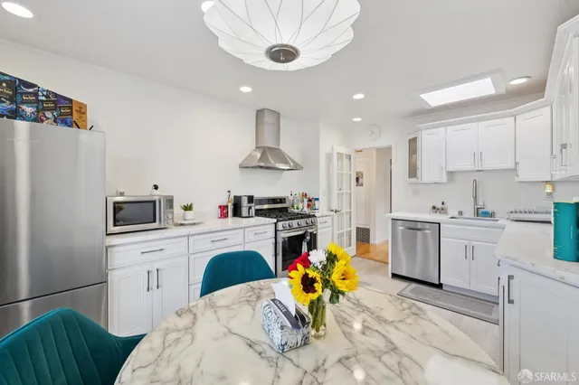a kitchen with stainless steel appliances a sink stove and refrigerator