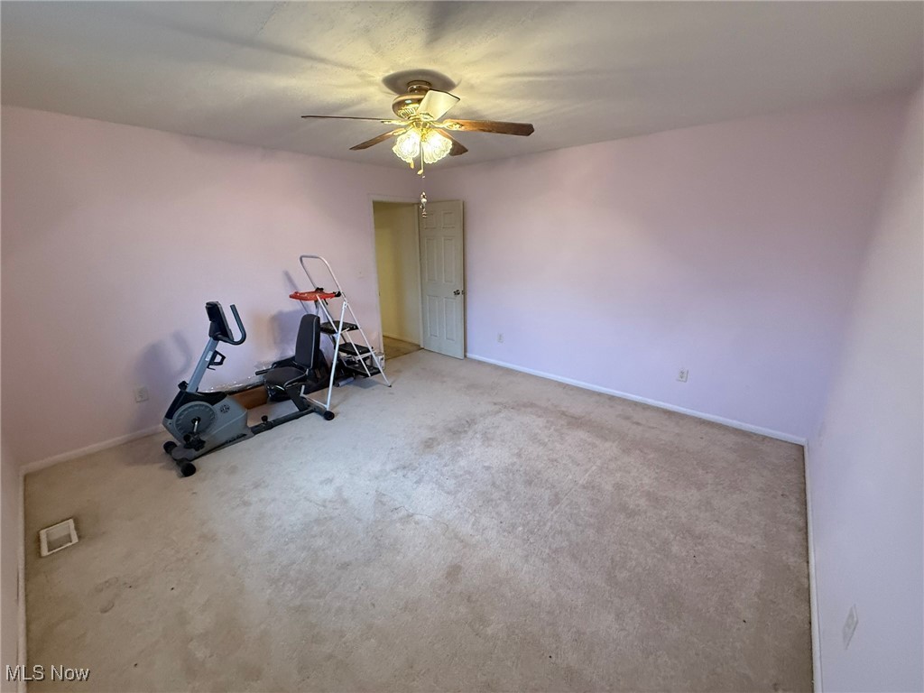 6920 Riverside Road Southeast Gnadenhutten, OH 44629 - Photo 15 of 41 Exercise room featuring a ceiling fan, carpet flooring, and baseboards