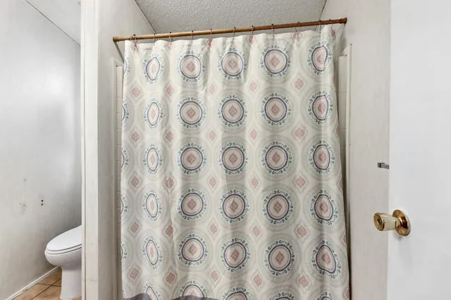a bathroom with a toilet and shower curtain