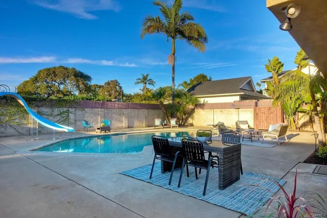 an outdoor space with furniture