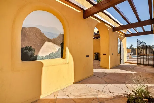 a view of a balcony with a fireplace