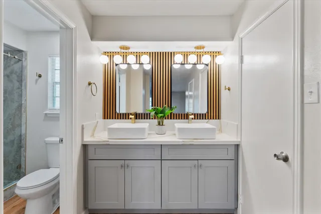 a bathroom with a double vanity sink toilet and a mirror