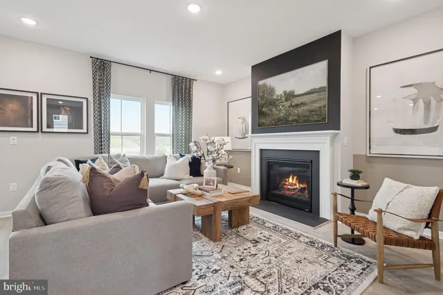 a living room with furniture a rug and a fireplace