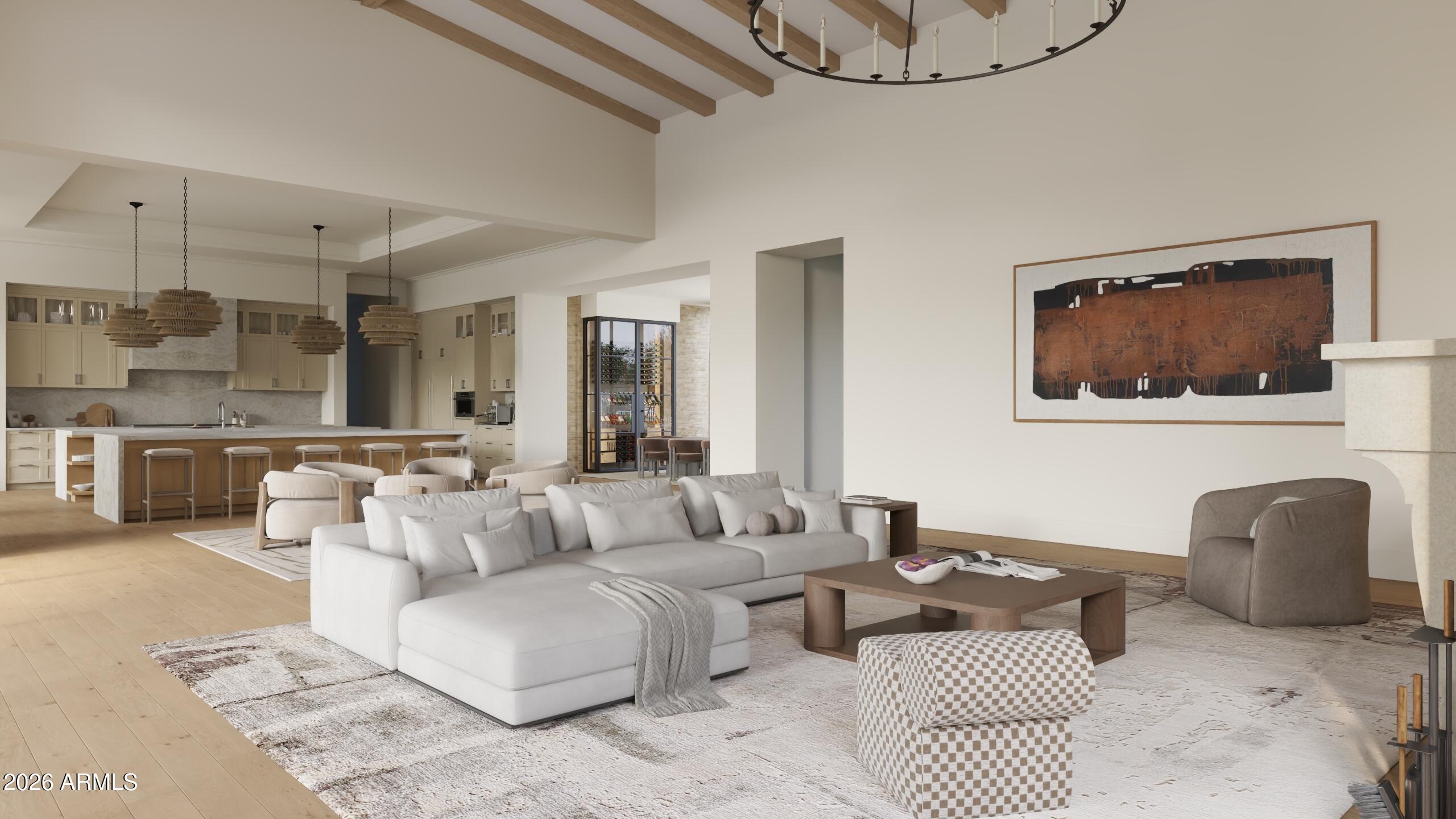 5009 East Roadrunner Road Paradise Valley, AZ 85253 - Photo 12 of 36 a living room with furniture a flat screen tv and kitchen view