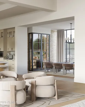 a view of a dining room with furniture window and outside view
