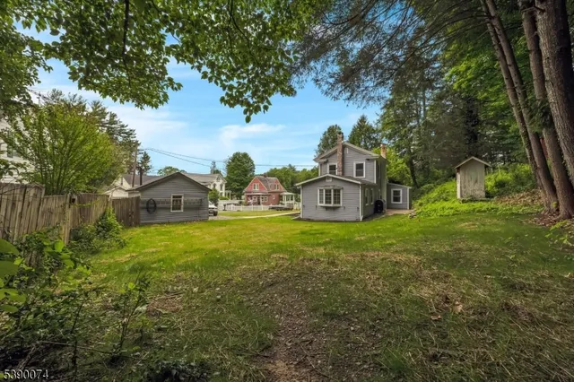 a view of a house with a big yard potted plants and large tree