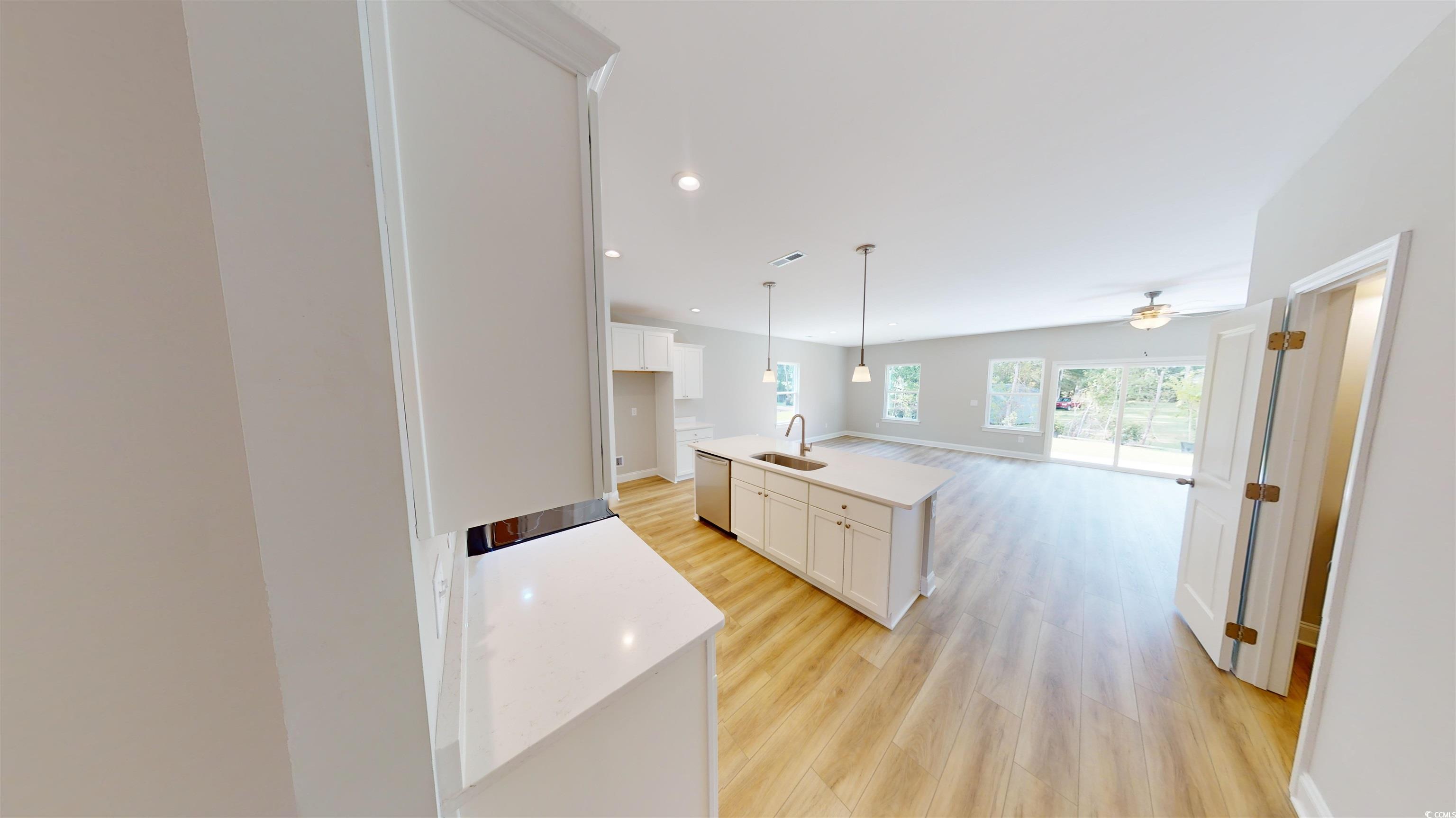 1016 Moen Loop, Unit LOT 5 Conway, SC 29526 - Photo 29 of 31 Kitchen featuring stainless steel dishwasher, open floor plan, light wood-style floors, white cabinetry, and recessed lighting
