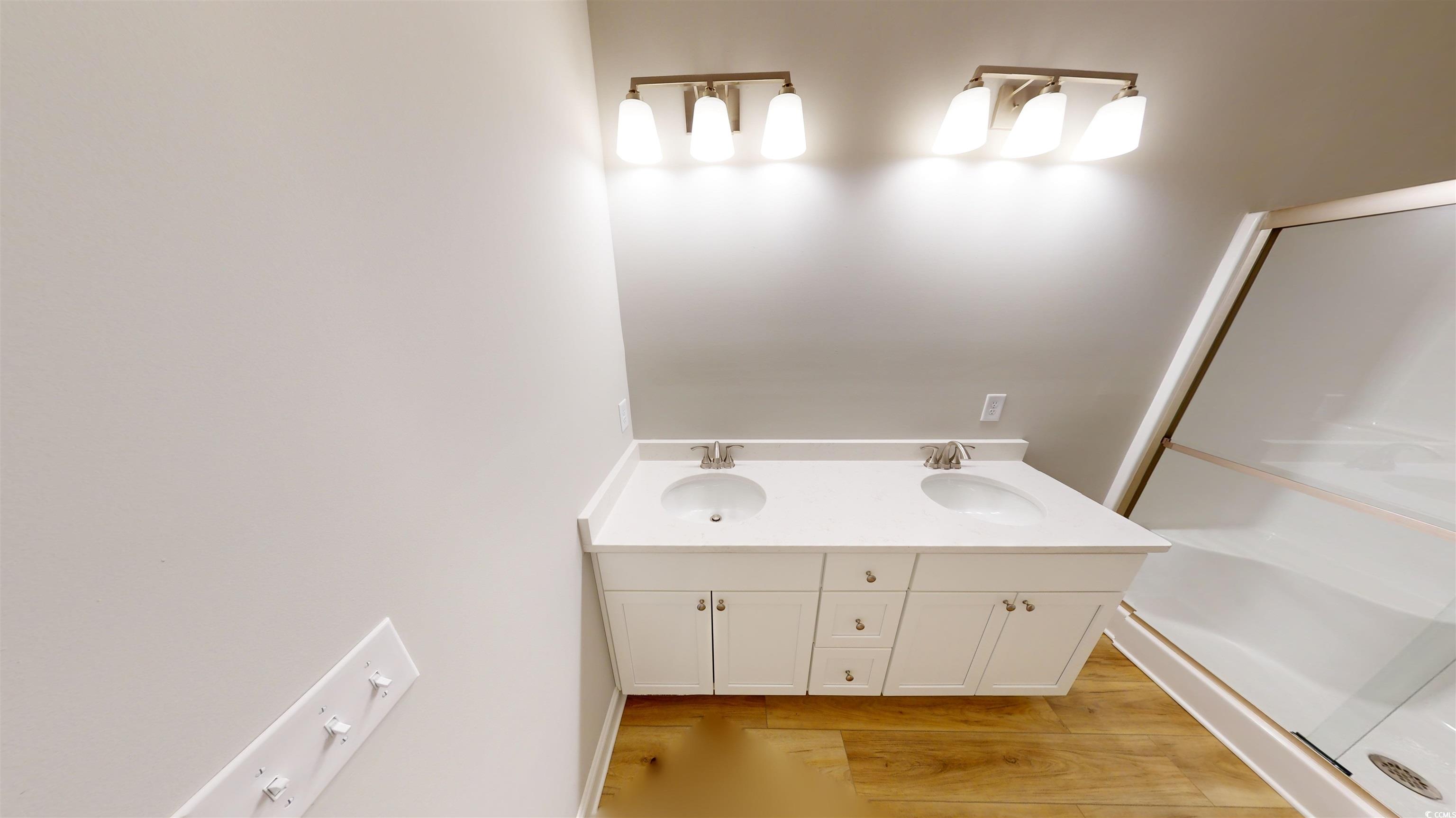 1016 Moen Loop, Unit LOT 5 Conway, SC 29526 - Photo 21 of 31 Full bath with wood finished floors, a stall shower, and double vanity