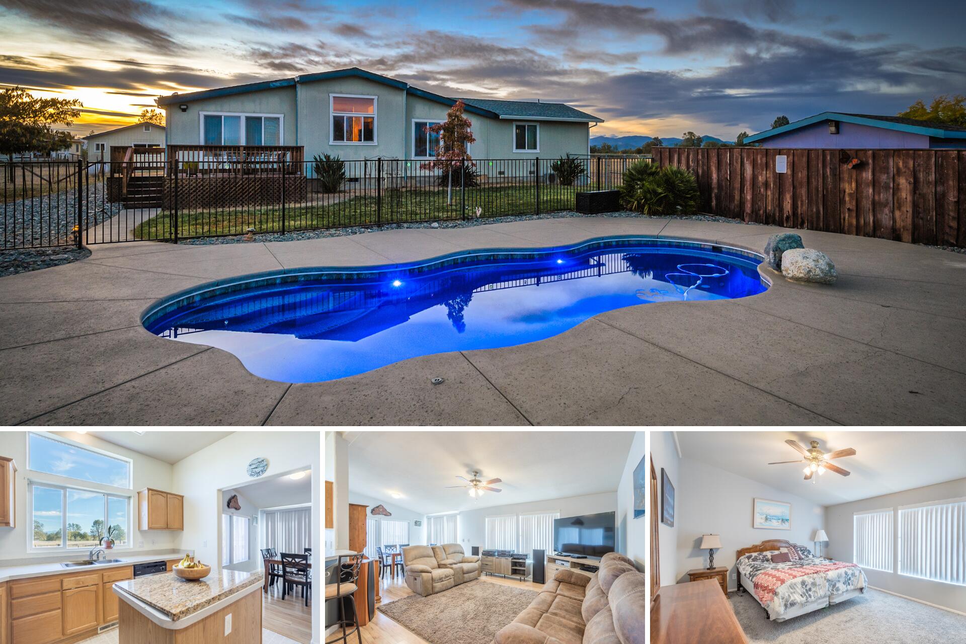 a swimming pool view with a outdoor seating