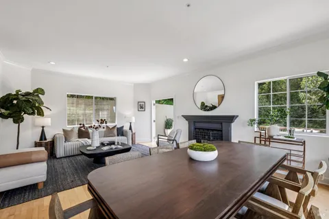 a living room with furniture a fireplace and a potted plant