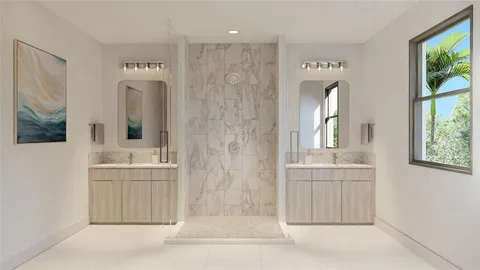 a spacious bathroom with a mirror a sink and a shower