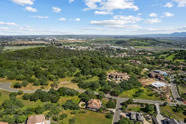 an aerial view of residential houses with outdoor space and trees