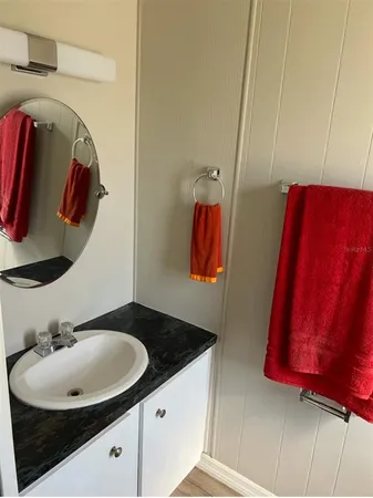 a bathroom with a sink and mirror