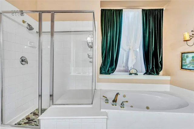 a bathroom with a bathtub and a shower